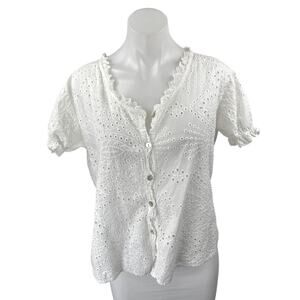 Flora Ashley White Eyelet Embroidered Ruffle Short Sleeve Button Up Blouse Top S